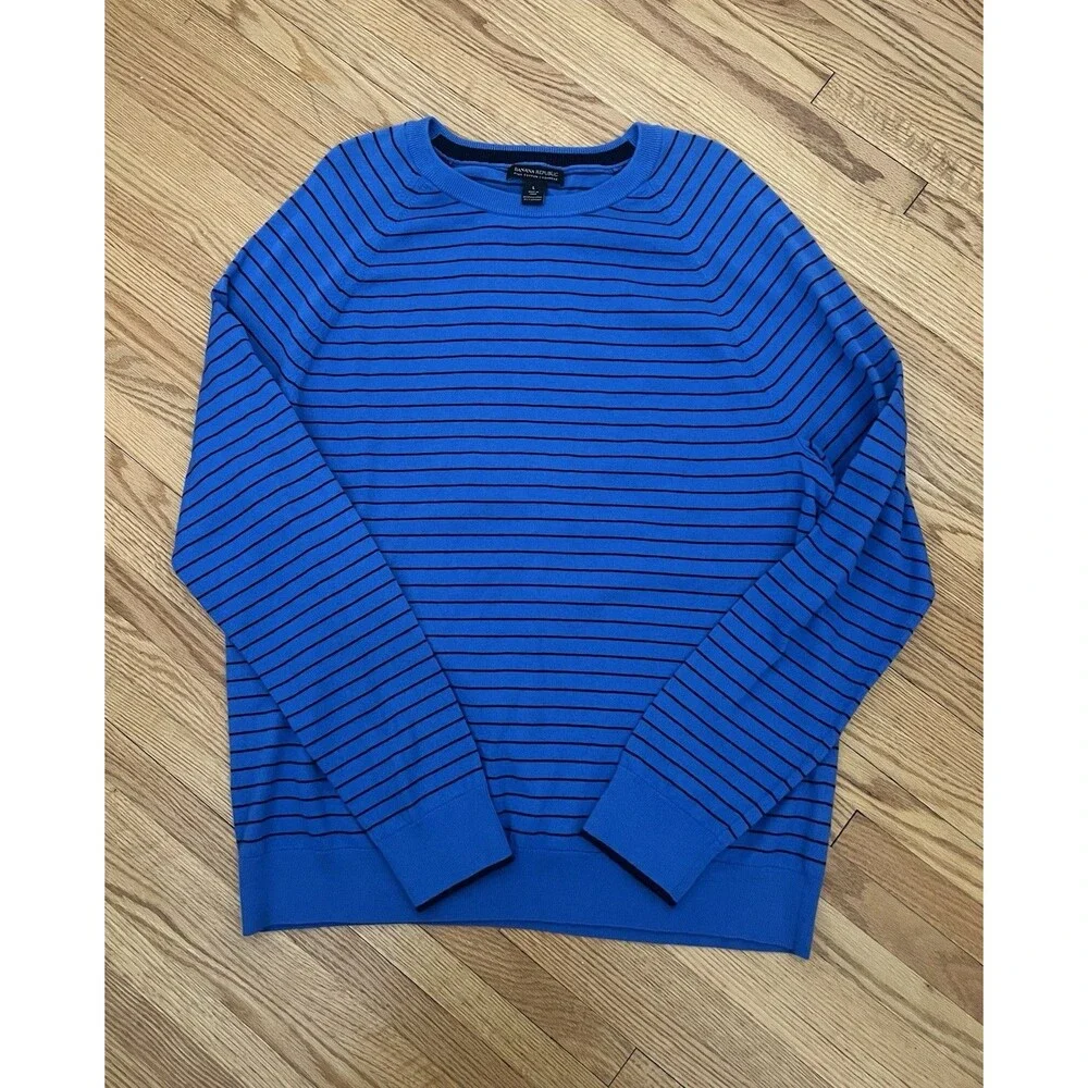 Banana Republic Sweater Large Striped Pima Cotton Cashmere Crewneck Royal Blue